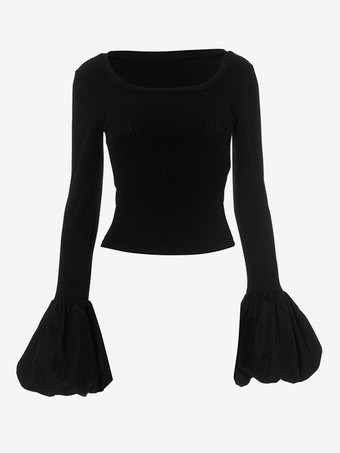 パフスリーブ クロップトップ ブラック スクープネック Tシャツ レディース 2025