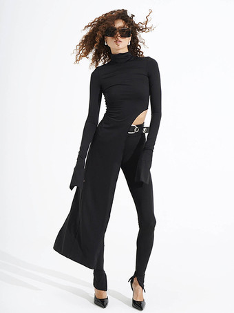 noir T-shirt à manches longues et col roulé asymétrique noir pour femme 2025