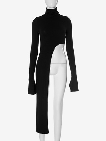 T-shirt à manches longues et col roulé asymétrique noir pour femme 2025