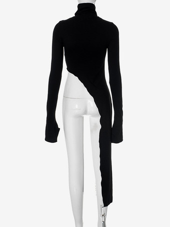 T-shirt à manches longues et col roulé asymétrique noir pour femme 2025