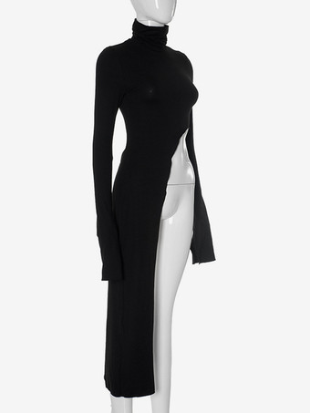 T-shirt à manches longues et col roulé asymétrique noir pour femme 2025