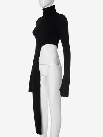 T-shirt à manches longues et col roulé asymétrique noir pour femme 2025