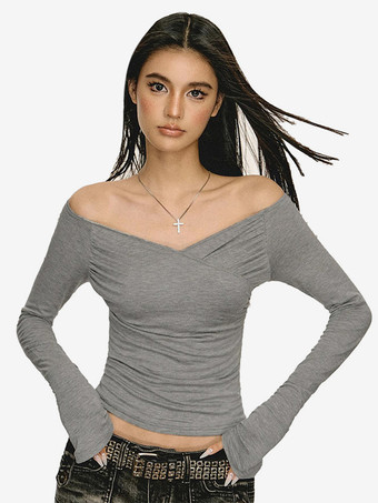 グレイロングスリーブ クロップトップ オフショルダー 春 セクシー ルーシュ Tシャツ レディース 2025