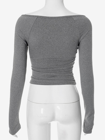 ロングスリーブ クロップトップ オフショルダー 春 セクシー ルーシュ Tシャツ レディース 2025