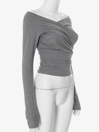 ロングスリーブ クロップトップ オフショルダー 春 セクシー ルーシュ Tシャツ レディース 2025