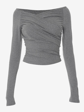 ロングスリーブ クロップトップ オフショルダー 春 セクシー ルーシュ Tシャツ レディース 2025