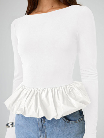 ホワイト フリル クロップトップ 長袖 春 カジュアル Tシャツ レディース 2025