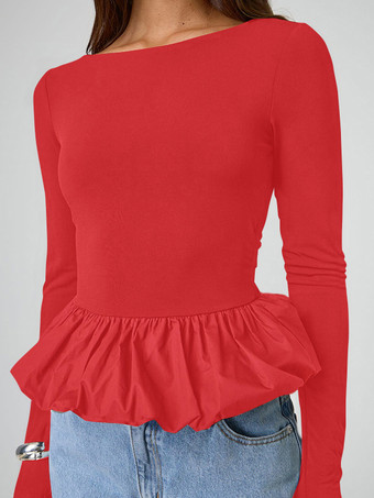 レッド フリル クロップトップ 長袖 春 カジュアル Tシャツ レディース 2025