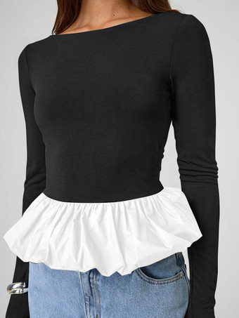 ホワイト＋ブラックフリル クロップトップ 長袖 春 カジュアル Tシャツ レディース 2025