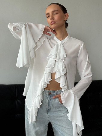 ホワイト フリル付きホワイトブラウス、ベルスリーブ、クルーネック、春カジュアルトップス、レディース 2025