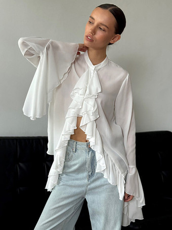 フリル付きホワイトブラウス、ベルスリーブ、クルーネック、春カジュアルトップス、レディース 2025