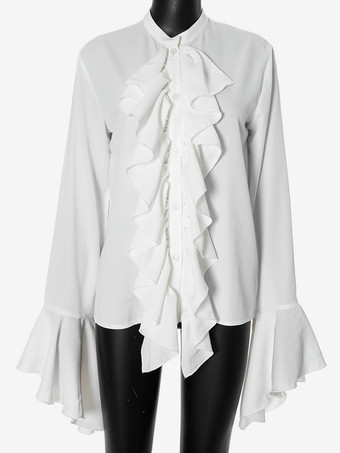 フリル付きホワイトブラウス、ベルスリーブ、クルーネック、春カジュアルトップス、レディース 2025