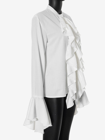 フリル付きホワイトブラウス、ベルスリーブ、クルーネック、春カジュアルトップス、レディース 2025