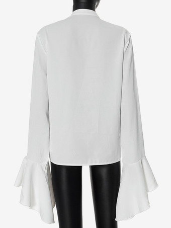 フリル付きホワイトブラウス、ベルスリーブ、クルーネック、春カジュアルトップス、レディース 2025