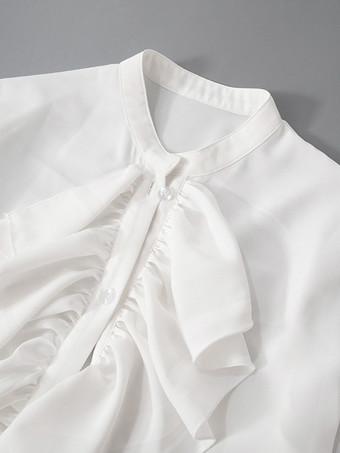 フリル付きホワイトブラウス、ベルスリーブ、クルーネック、春カジュアルトップス、レディース 2025