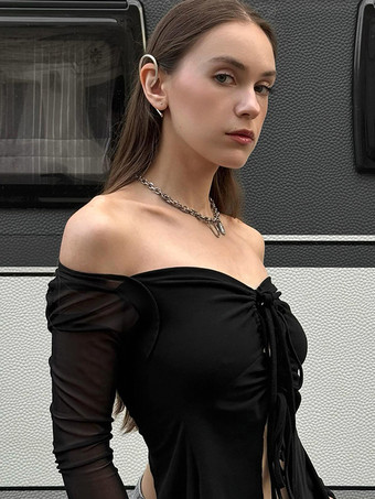 セクシーなオフショルダー クロップトップ メッシュ ロングスリーブ タイフロント カットアウト ブラウス レディース 2025