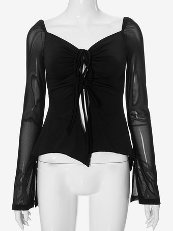 セクシーなオフショルダー クロップトップ メッシュ ロングスリーブ タイフロント カットアウト ブラウス レディース 2025