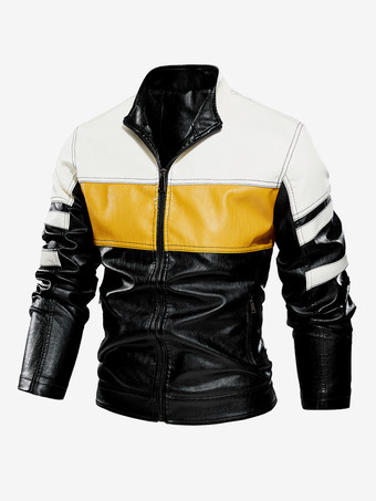 メンズジャケット カラーブロック ジップディテール フェイクレザー モトジャケット