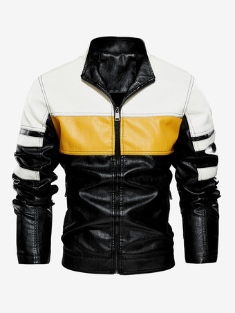 ブラック メンズジャケット カラーブロック ジップディテール フェイクレザー モトジャケット