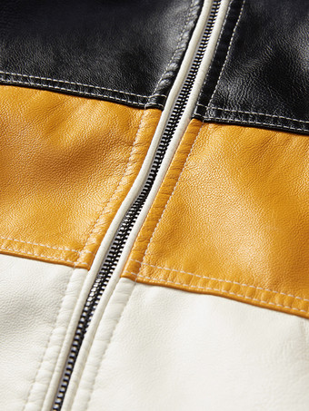 メンズジャケット カラーブロック ジップディテール フェイクレザー モトジャケット