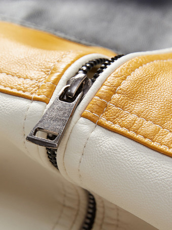 メンズジャケット カラーブロック ジップディテール フェイクレザー モトジャケット