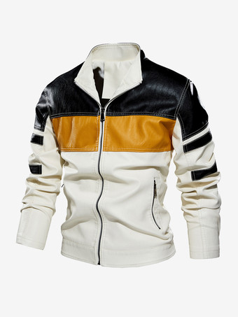 メンズジャケット カラーブロック ジップディテール フェイクレザー モトジャケット