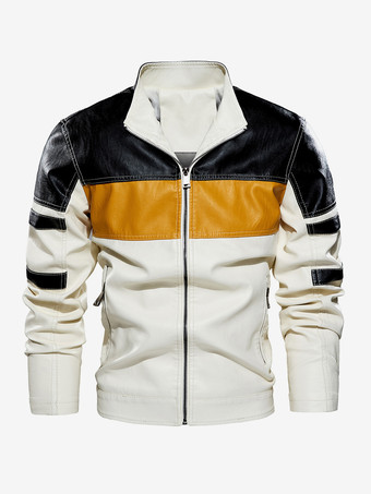 ホワイト メンズジャケット カラーブロック ジップディテール フェイクレザー モトジャケット