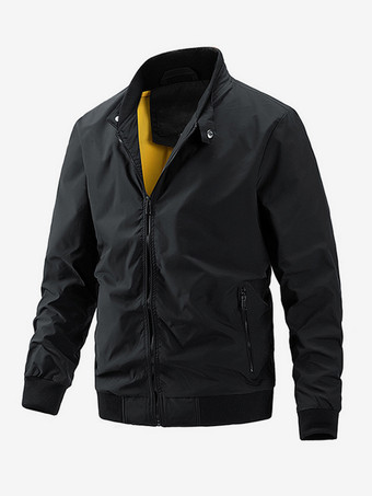 ブラック メンズジャケット ジップ開閉ポケット 長袖ボンバージャケット