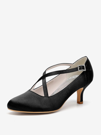 ブラック サテンウェディングシューズ ラウンドトゥ クリスクロス ヴィンテージブライダルシューズ