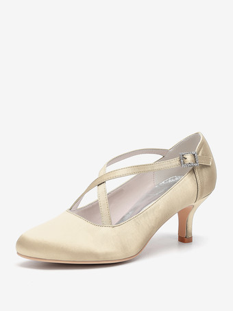 シャンパンカラーサテンウェディングシューズ ラウンドトゥ クリスクロス ヴィンテージブライダルシューズ