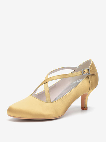 ゴールド サテンウェディングシューズ ラウンドトゥ クリスクロス ヴィンテージブライダルシューズ