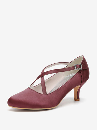 ワインレッド サテンウェディングシューズ ラウンドトゥ クリスクロス ヴィンテージブライダルシューズ