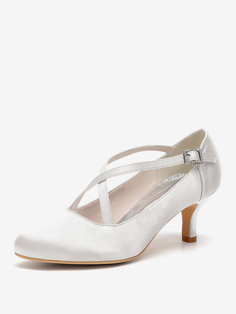 アイボリーサテンウェディングシューズ ラウンドトゥ クリスクロス ヴィンテージブライダルシューズ