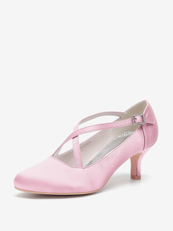 ピンクサテンウェディングシューズ ラウンドトゥ クリスクロス ヴィンテージブライダルシューズ