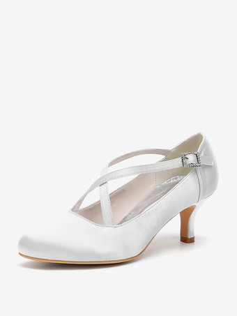 ホワイト サテンウェディングシューズ ラウンドトゥ クリスクロス ヴィンテージブライダルシューズ