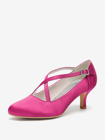 ローズレッドサテンウェディングシューズ ラウンドトゥ クリスクロス ヴィンテージブライダルシューズ