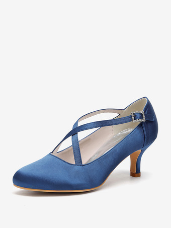 ディープブルーサテンウェディングシューズ ラウンドトゥ クリスクロス ヴィンテージブライダルシューズ