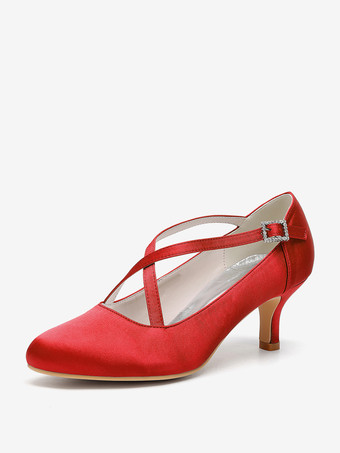 レッドサテンウェディングシューズ ラウンドトゥ クリスクロス ヴィンテージブライダルシューズ