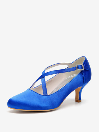 ロイヤルブルーサテンウェディングシューズ ラウンドトゥ クリスクロス ヴィンテージブライダルシューズ