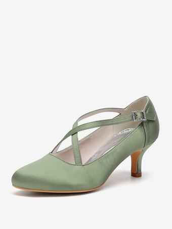 ハンターグリーン サテンウェディングシューズ ラウンドトゥ クリスクロス ヴィンテージブライダルシューズ