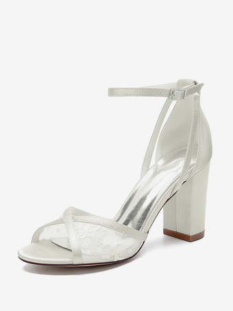 アイボリーレースウェディングシューズ アイボリー オープントゥ チャンキーヒール アンクルストラップ ブライダルシューズ