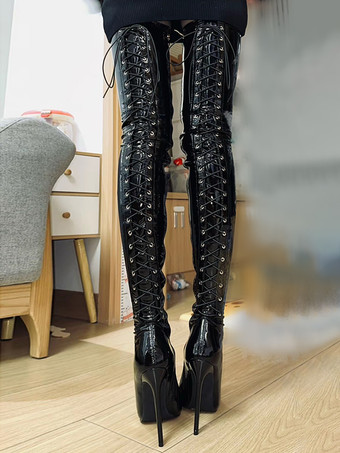 黒のセクシーなブーツ ポインテッドトゥ レースアップ ハイヒール サイハイブーツ