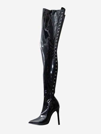 ブラック 黒のセクシーなブーツ ポインテッドトゥ レースアップ ハイヒール サイハイブーツ
