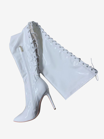 ホワイト 黒のセクシーなブーツ ポインテッドトゥ レースアップ ハイヒール サイハイブーツ