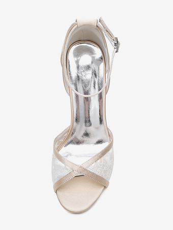 レースウェディングシューズ アイボリー オープントゥ チャンキーヒール アンクルストラップ ブライダルシューズ