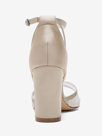 レースウェディングシューズ アイボリー オープントゥ チャンキーヒール アンクルストラップ ブライダルシューズ