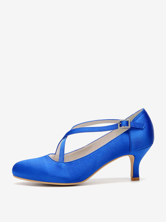 サテンウェディングシューズ ラウンドトゥ クリスクロス ヴィンテージブライダルシューズ