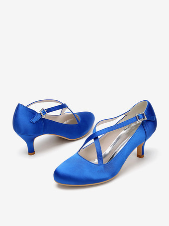 サテンウェディングシューズ ラウンドトゥ クリスクロス ヴィンテージブライダルシューズ