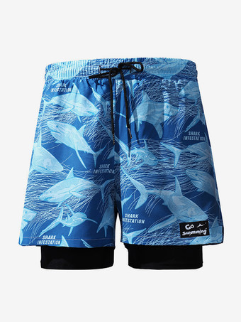 ライトスカイブルーメンズ ショートパンツ プリント ドローストリングウエスト 夏用 サイクリング ビーチ ショートパンツ