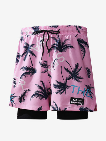 ピンクメンズ ショートパンツ プリント ドローストリングウエスト 夏用 サイクリング ビーチ ショートパンツ